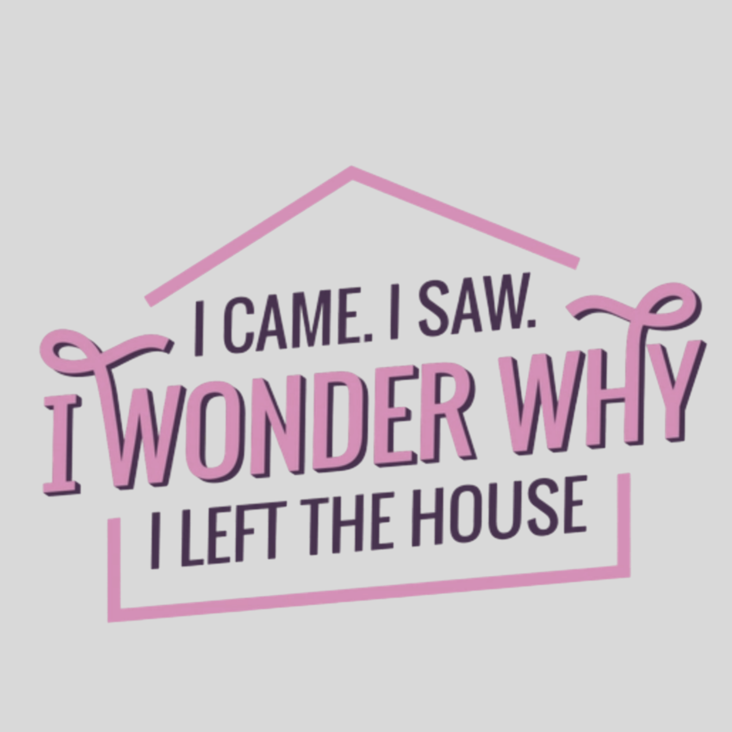 Novelty Fridge Magnet - Pink and black text on a light gray background with a house outline "I came. I saw. I wonder why I left the house"