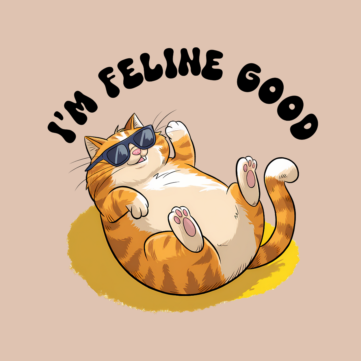 Dog or cat themed humorous novelty, funny fridge magnet. Cartoon cat wearing sunglasses with 'I'm Feline Good' text on a beige background. Cat Magnet