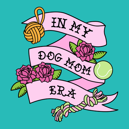 Dog or cat themed humorous novelty, funny fridge magnet. Decorative graphic with 'In My Dog Mom Era' text on a teal background