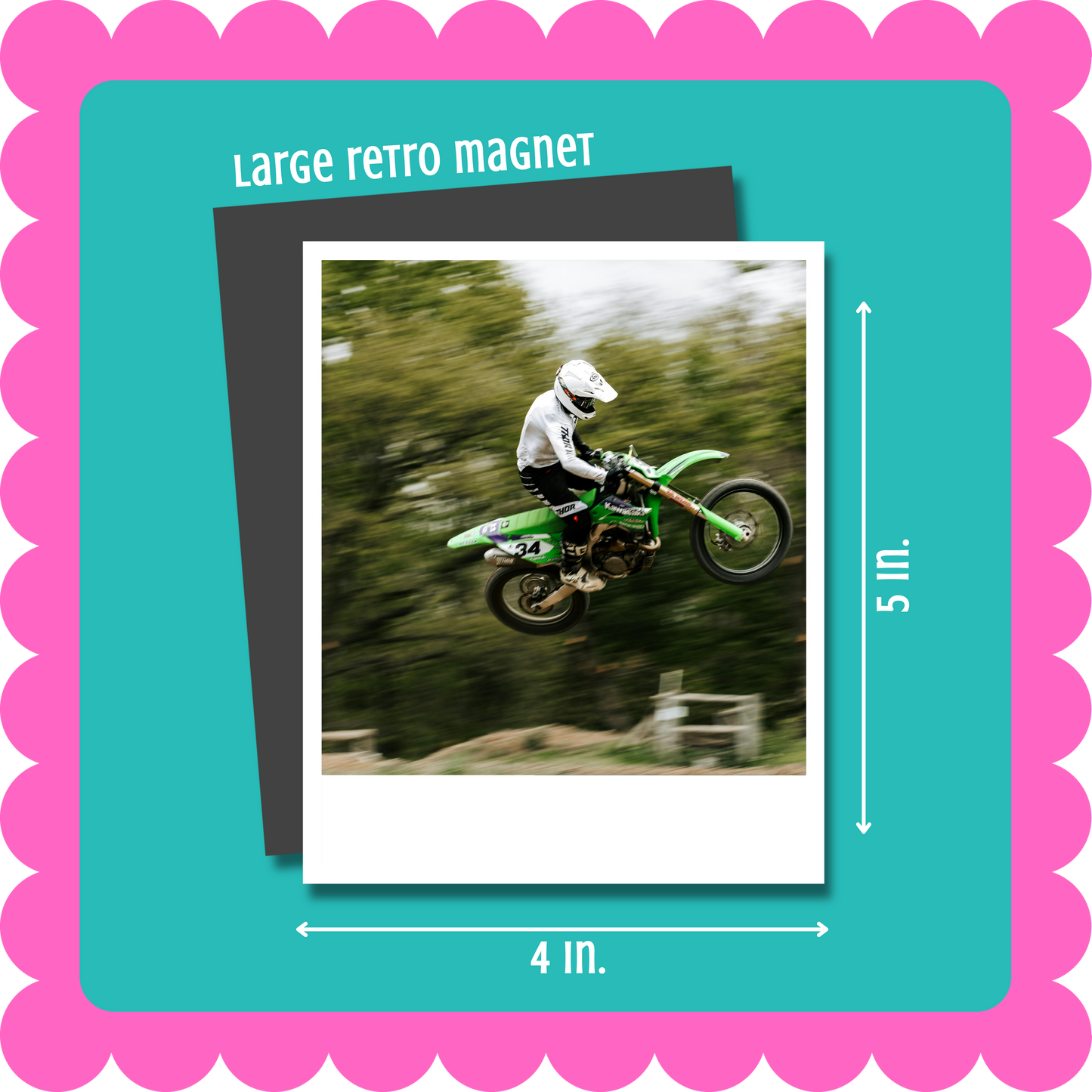 Vintage Retro Polaroid-style custom photo magnet, flexible 2mm thick personalized fridge magnet with uploaded photo. Large retro magnet with a photo of a person on a green motorcycle, surrounded by a pink border and teal background.