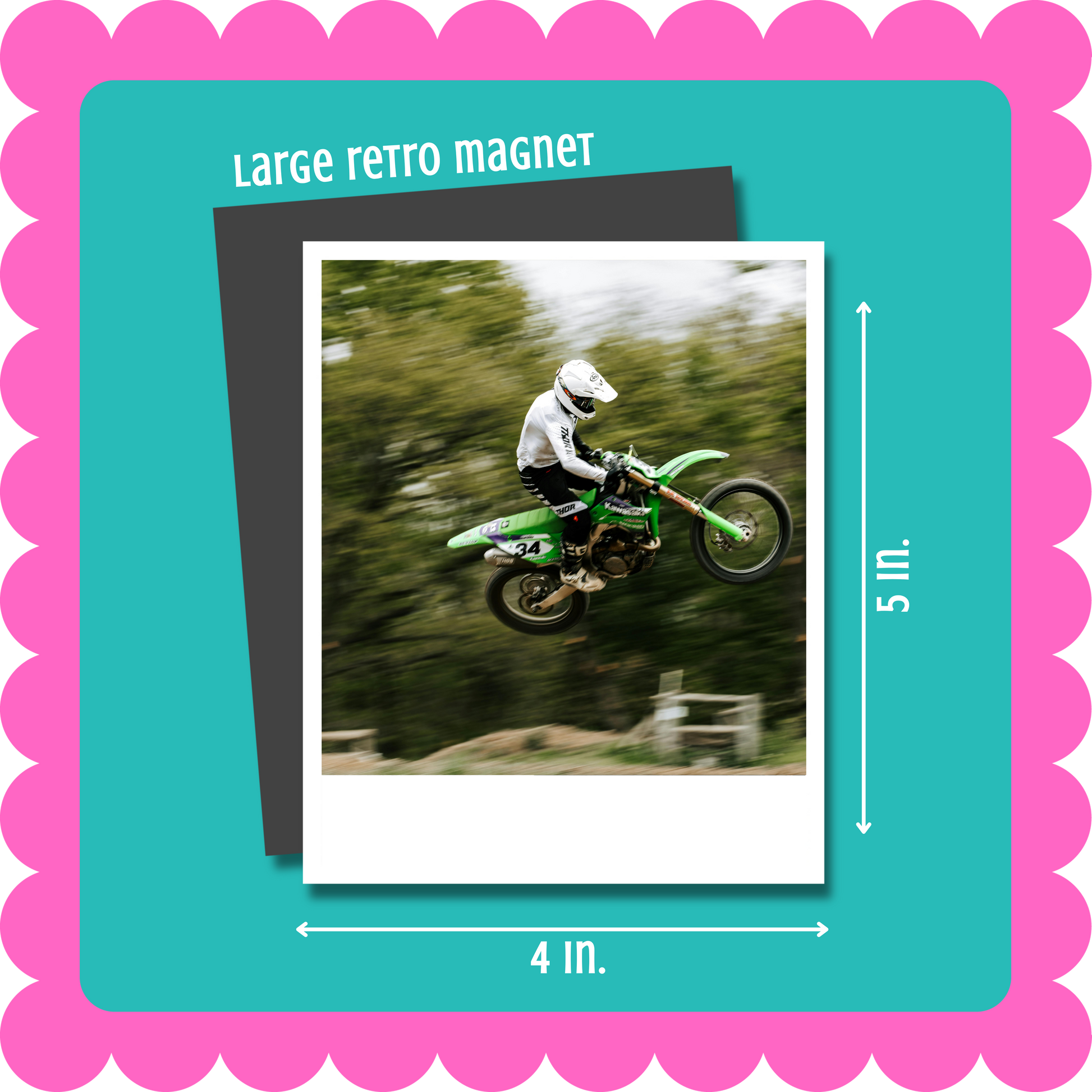 Vintage Retro Polaroid-style custom photo magnet, flexible 2mm thick personalized fridge magnet with uploaded photo. Large retro magnet with a photo of a person on a green motorcycle, surrounded by a pink border and teal background.