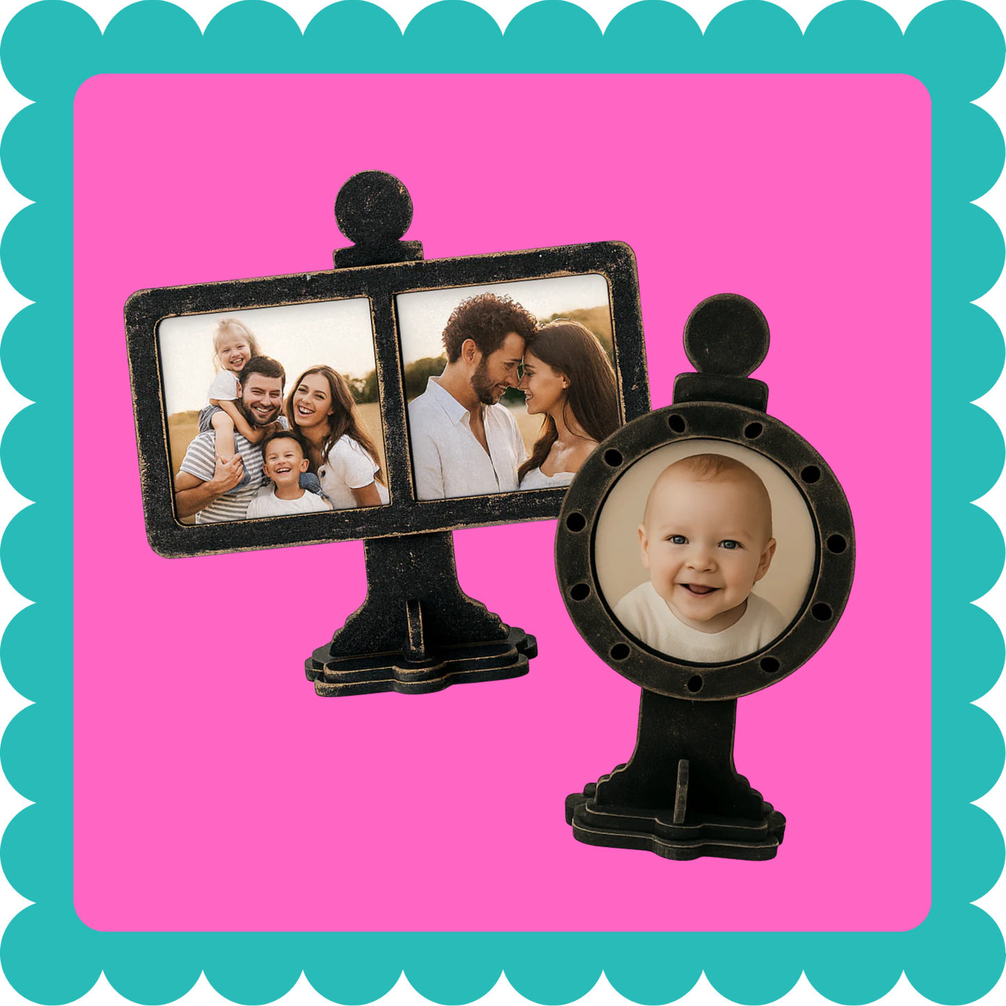 Custom magnetic display frame and stand with included personalized magnets, tabletop and desk photo magnet display. Black photo frame with multiple picture frames on a pink and teal background.