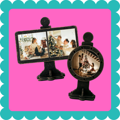 Custom magnetic display frame and stand with included personalized magnets, tabletop and desk photo magnet display. Double-sided photo frame with Christmas-themed images on a pink and teal border. Custom Photo Magnet Display