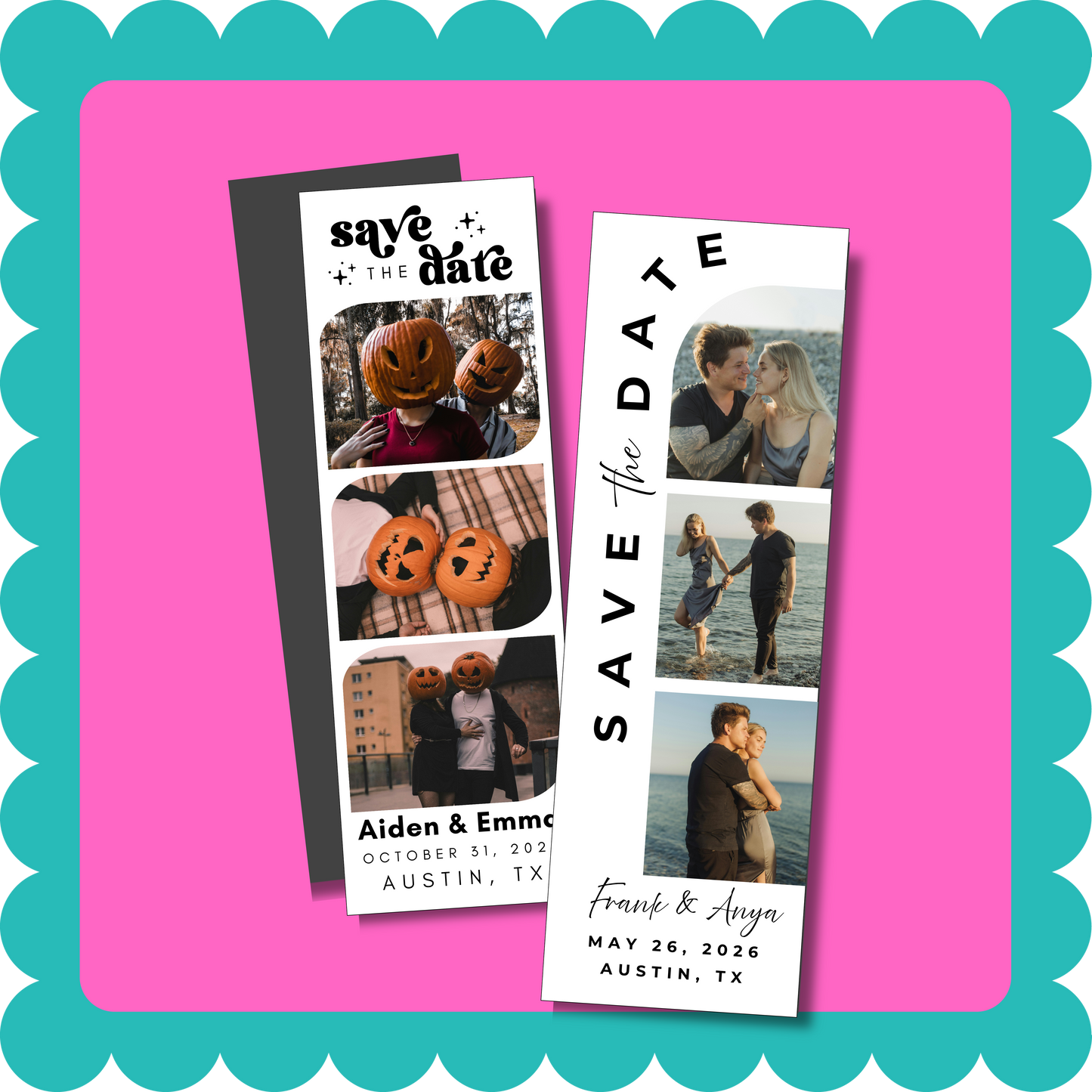 Thin Save the Date photo strip custom magnet with personalized wedding photos, lightweight and mail-friendly, displayed on a fridge