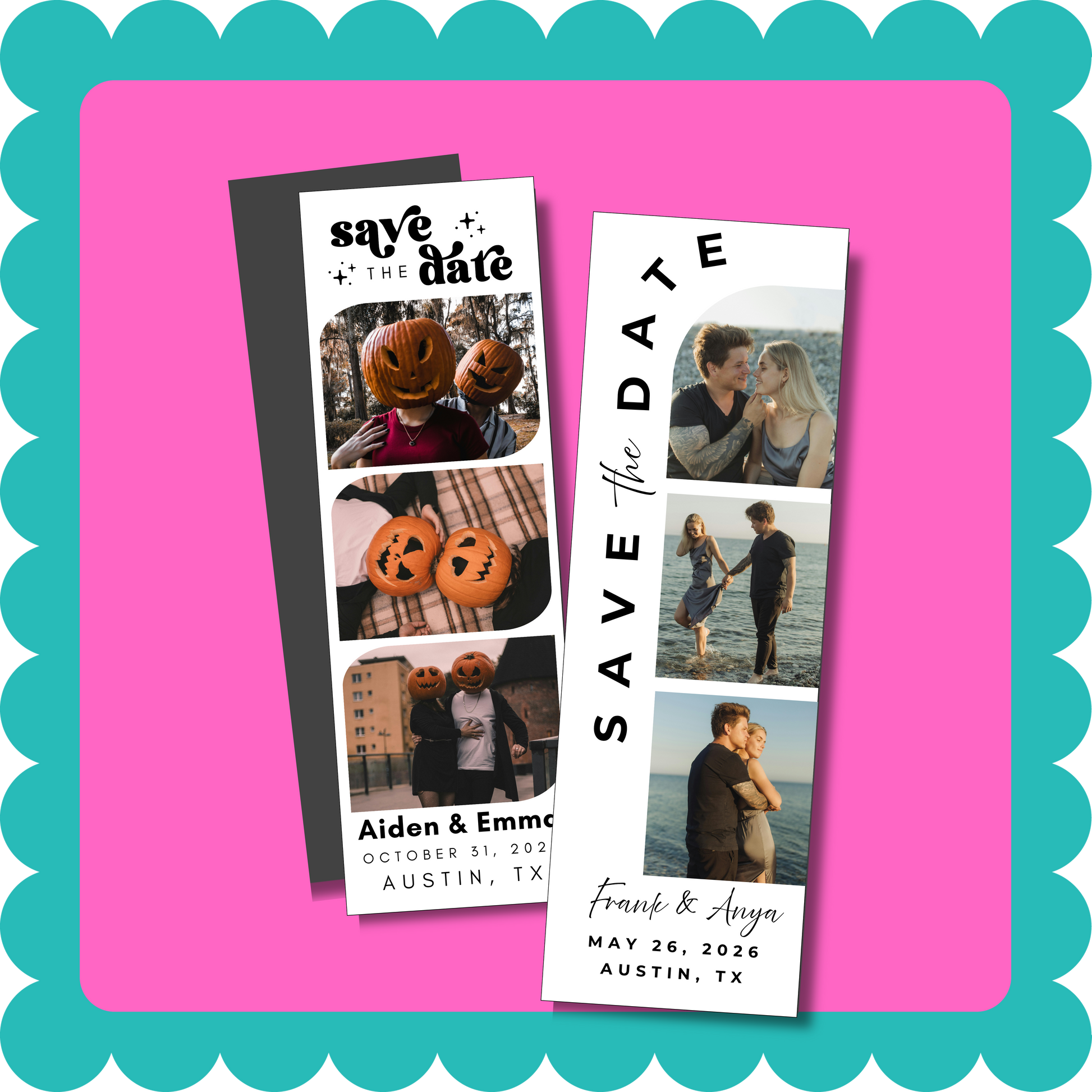 Thin Save the Date photo strip custom magnet with personalized wedding photos, lightweight and mail-friendly, displayed on a fridge