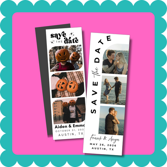 Thin Save the Date photo strip custom magnet with personalized wedding photos, lightweight and mail-friendly, displayed on a fridge