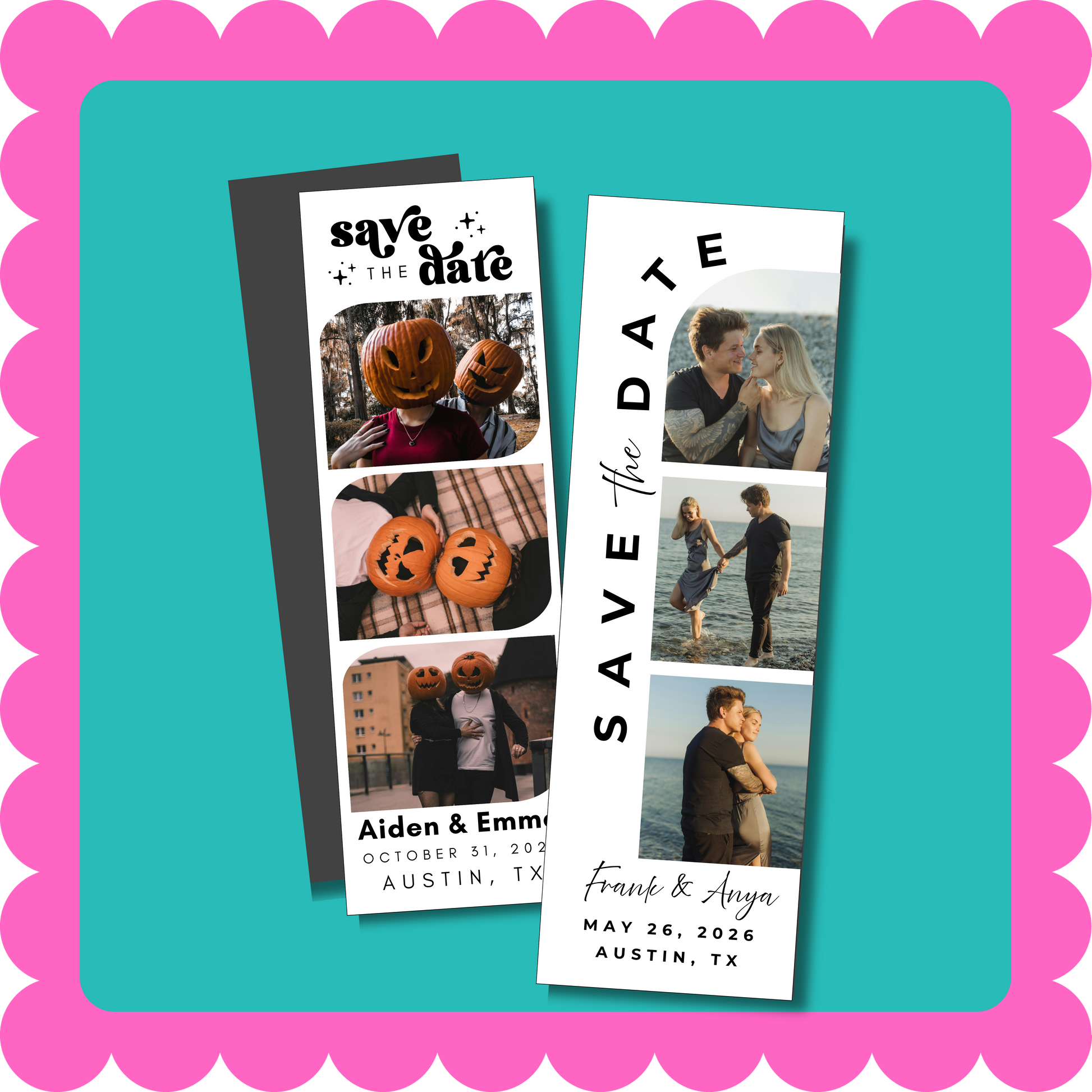 Thin Save the Date photo strip custom magnet with personalized wedding photos, lightweight and mail-friendly, displayed on a fridge