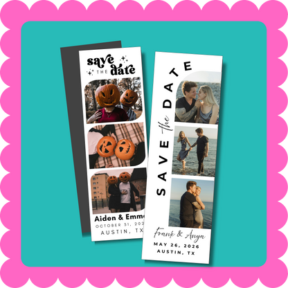 Thin Save the Date photo strip custom magnet with personalized wedding photos, lightweight and mail-friendly, displayed on a fridge