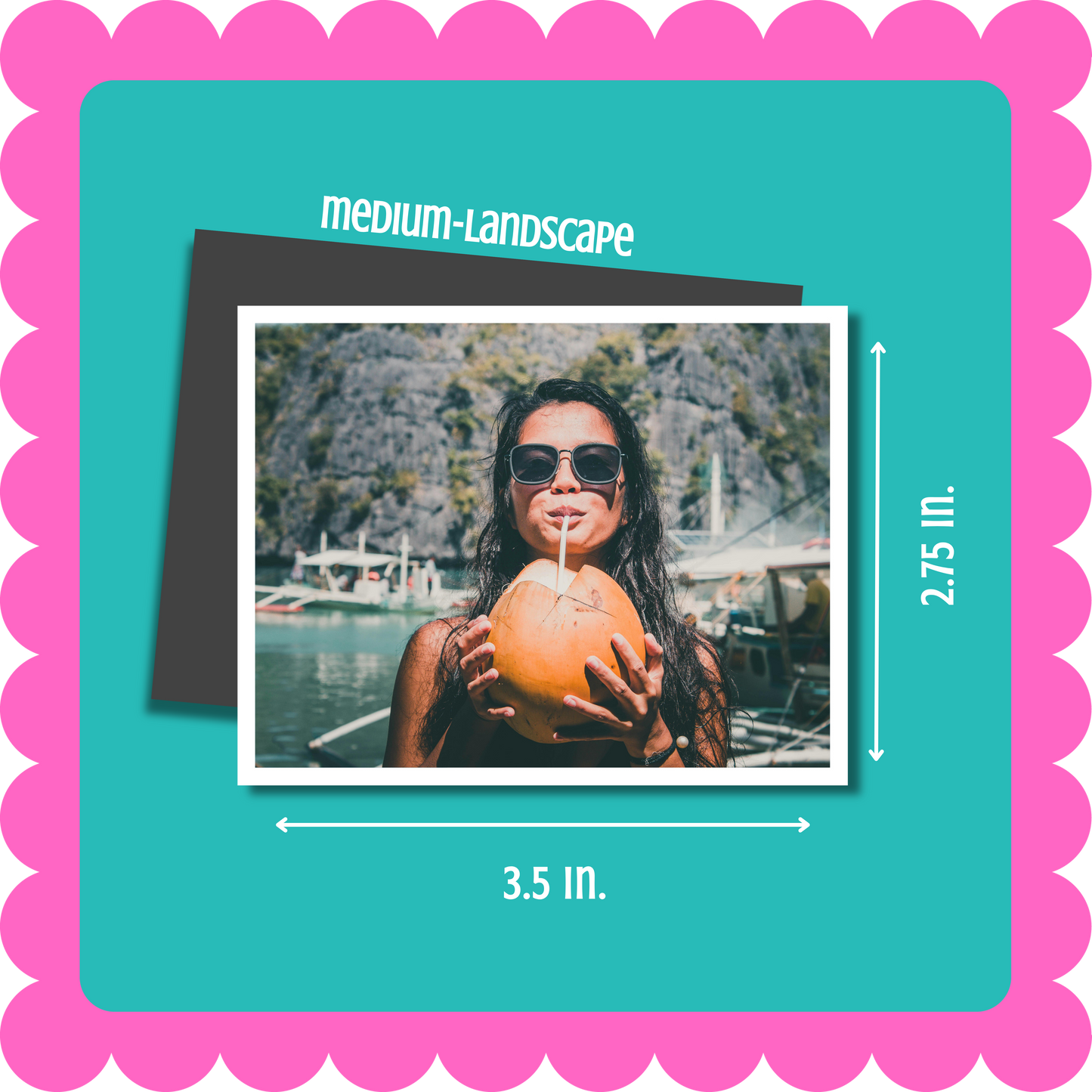 Thin, horizontal, landscape, flexible custom photo magnet, 2mm thick, hand-cut and vibrant, personalized fridge magnet displaying favorite photos