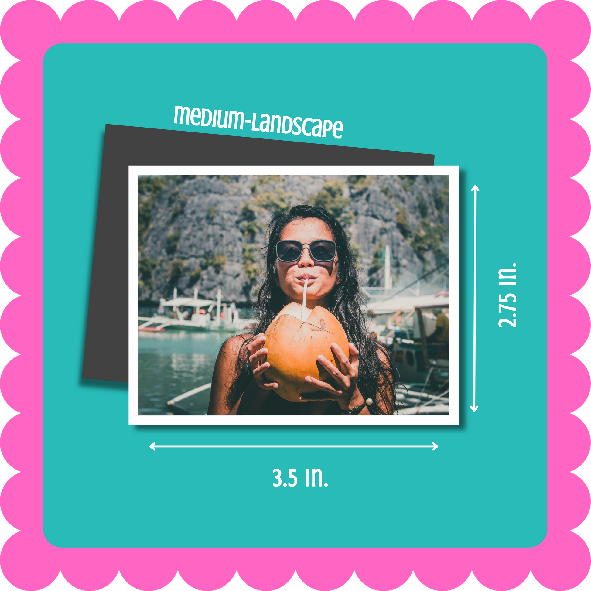 Thin, horizontal, landscape, flexible custom photo magnet, 2mm thick, hand-cut and vibrant, personalized fridge magnet displaying favorite photos