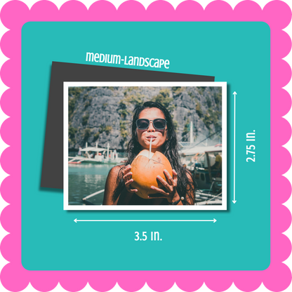 Thin, horizontal, landscape, flexible custom photo magnet, 2mm thick, hand-cut and vibrant, personalized fridge magnet displaying favorite photos