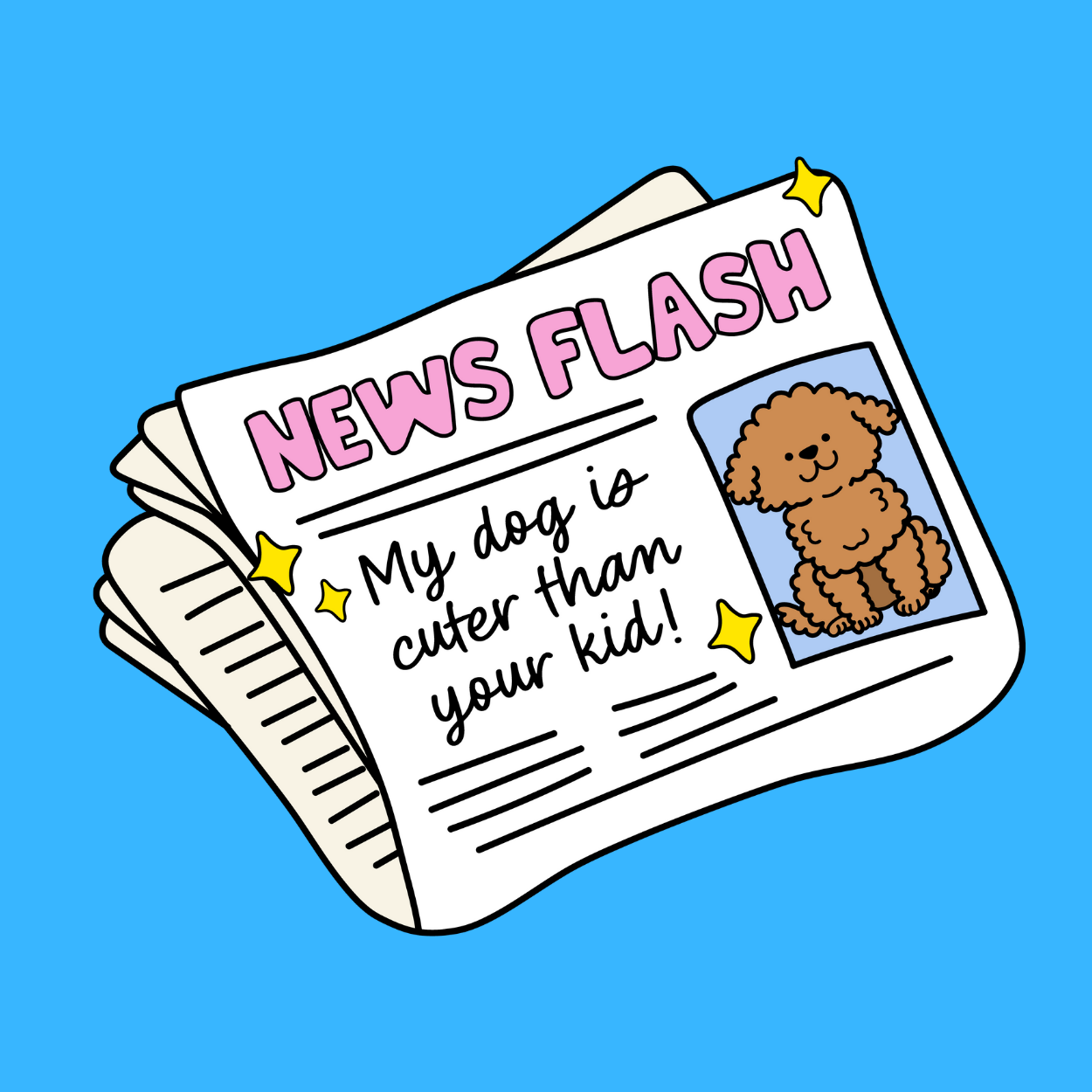Dog or cat themed humorous novelty, funny fridge magnet. Newspaper with a dog illustration and text on a blue background