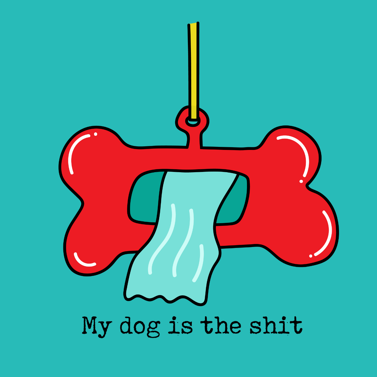 Dog or cat themed humorous novelty, funny fridge magnet. Red bone-shaped ornament with a blue towel inside on a teal background, accompanied by text. Dog Magnet
