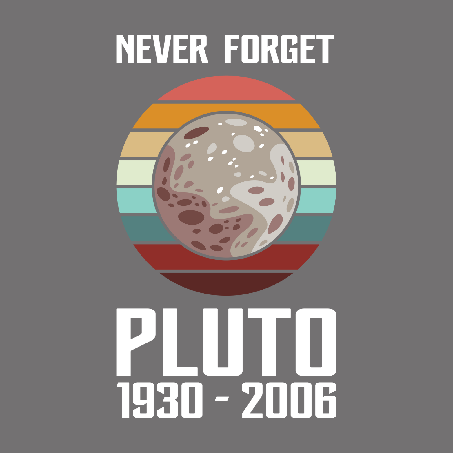 Cryptid fridge magnet with Bigfoot, alien, or Nessie design from the MYTHICAL MISFITS ReadyWhims Collection. Vintage-style graphic of Pluto with colorful stripes and text on a gray background. Pluto Magnet, Space Magnet