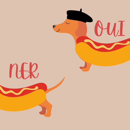 Dog or cat themed humorous novelty, funny fridge magnet. Illustration of a dachshund in a hot dog costume with 'Oui' and 'Ner' text on a beige background. Dog Magnet, Dachshund, Wiener Dog