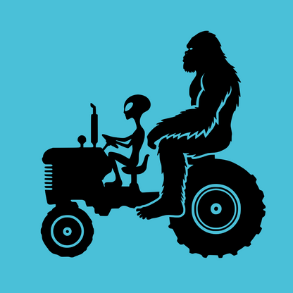 Cryptid fridge magnet with Bigfoot, alien, or Nessie design from the MYTHICAL MISFITS ReadyWhims Collection. Black silhouette of a bigfoot and an alien on a tractor against a blue background. Bigfoot Magnet, Alien Magnet
