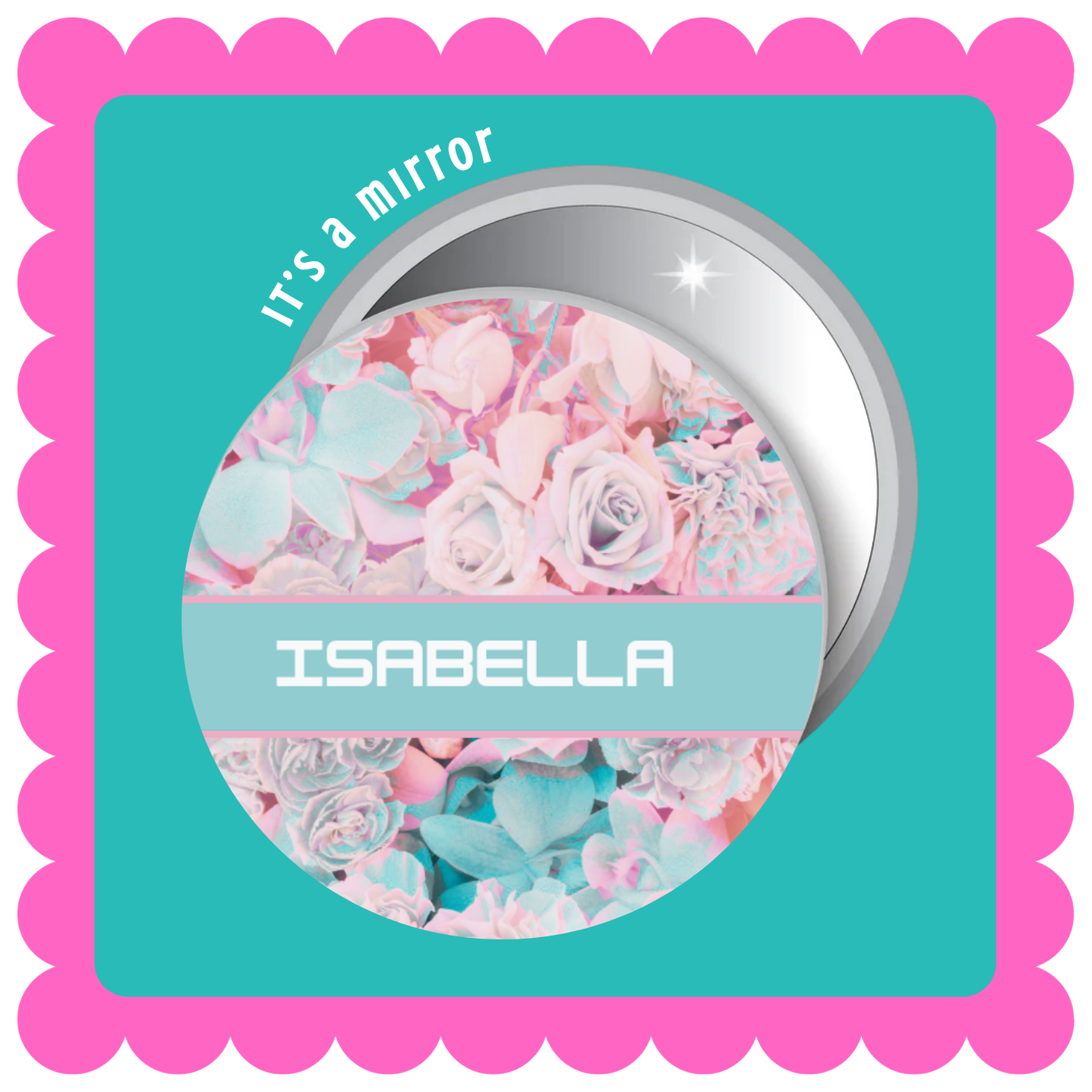 Personalized button mirror with name and custom graphic