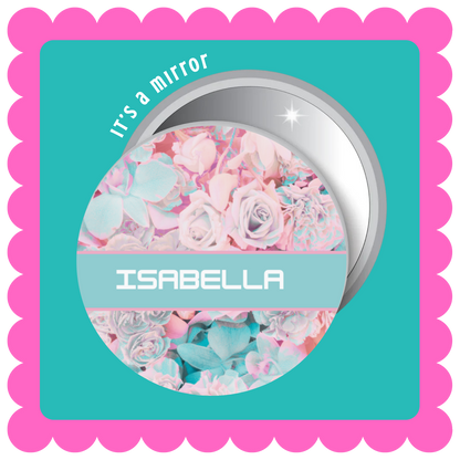 Personalized button mirror with name and custom graphic
