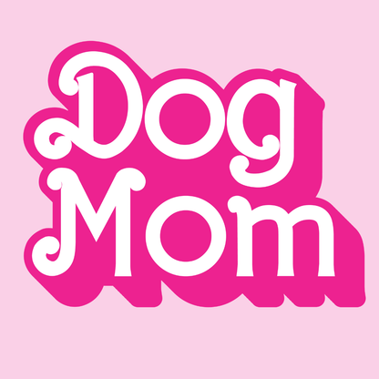 Dog or cat themed humorous novelty, funny fridge magnet. Text 'Dog Mom' in white on a pink background. Dog Magnet
