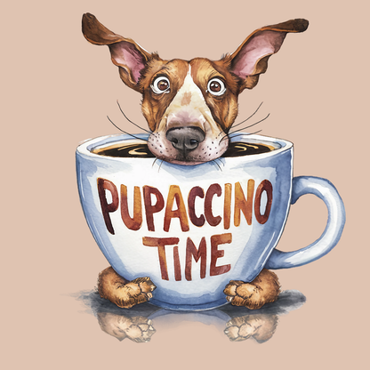 Dog or cat themed humorous novelty, funny fridge magnet. Illustration of a dog inside a coffee cup with 'Pupaccino Time' text on a beige background. Dog Magnet