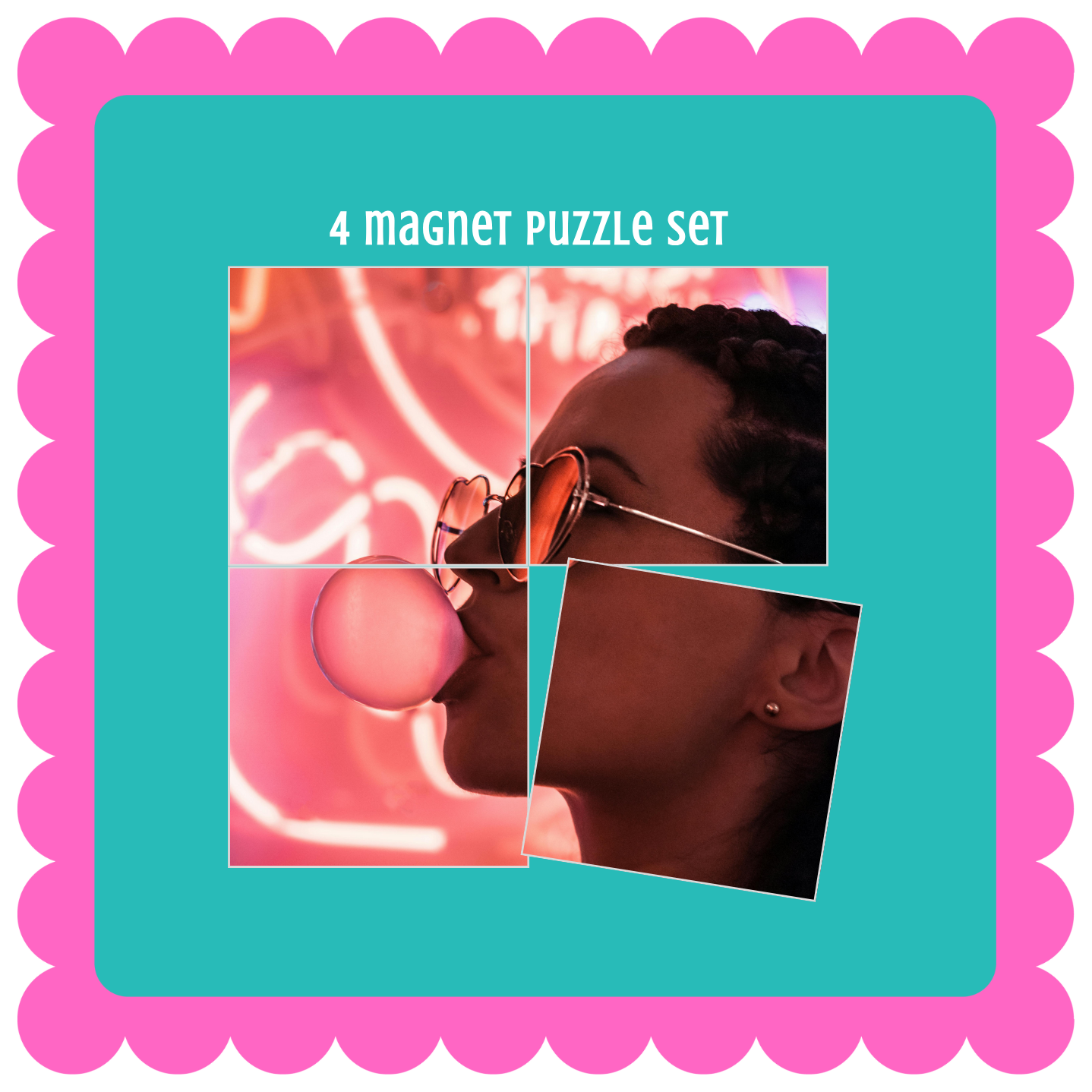 Personalized custom photo magnet puzzle set, glossy magnetic puzzle pieces for fridge, gift idea for friends or family. 4 magnet puzzle set packaging with a woman wearing sunglasses and earrings on a pink and teal background.