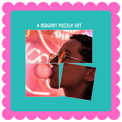 Personalized custom photo magnet puzzle set, glossy magnetic puzzle pieces for fridge, gift idea for friends or family. 4 magnet puzzle set packaging with a woman wearing sunglasses and earrings on a pink and teal background.
