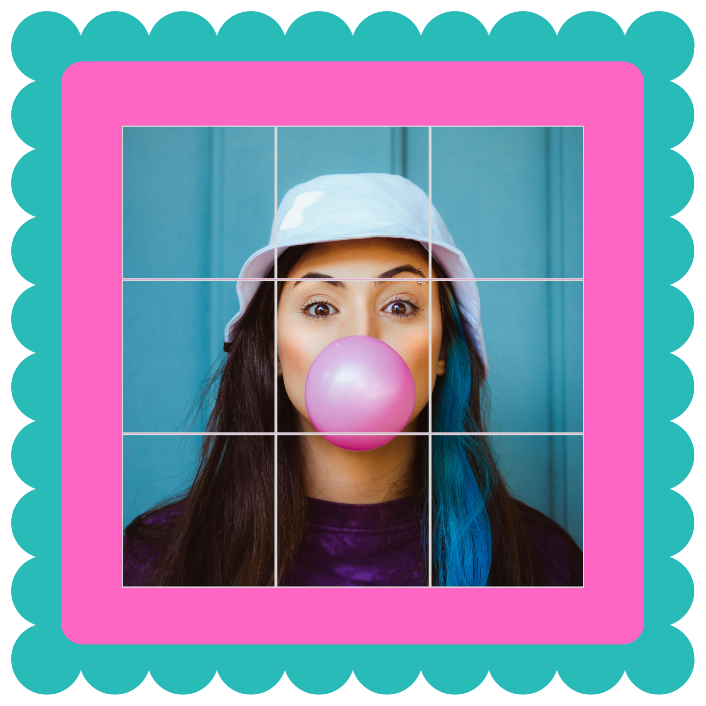 Puzzle Magnet Main Image. Person blowing a pink bubble gum bubble with a colorful border.