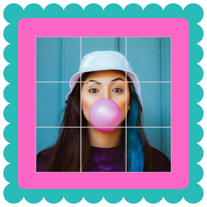 Puzzle Magnet Main Image. Person blowing a pink bubble gum bubble with a colorful border.