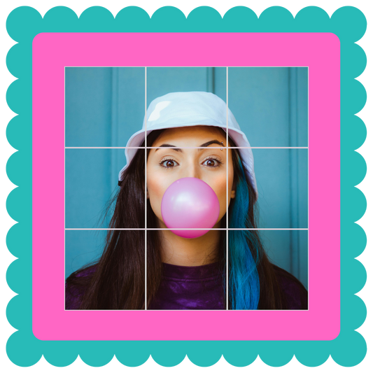 Puzzle Magnet Main Image. Person blowing a pink bubble gum bubble with a colorful border.