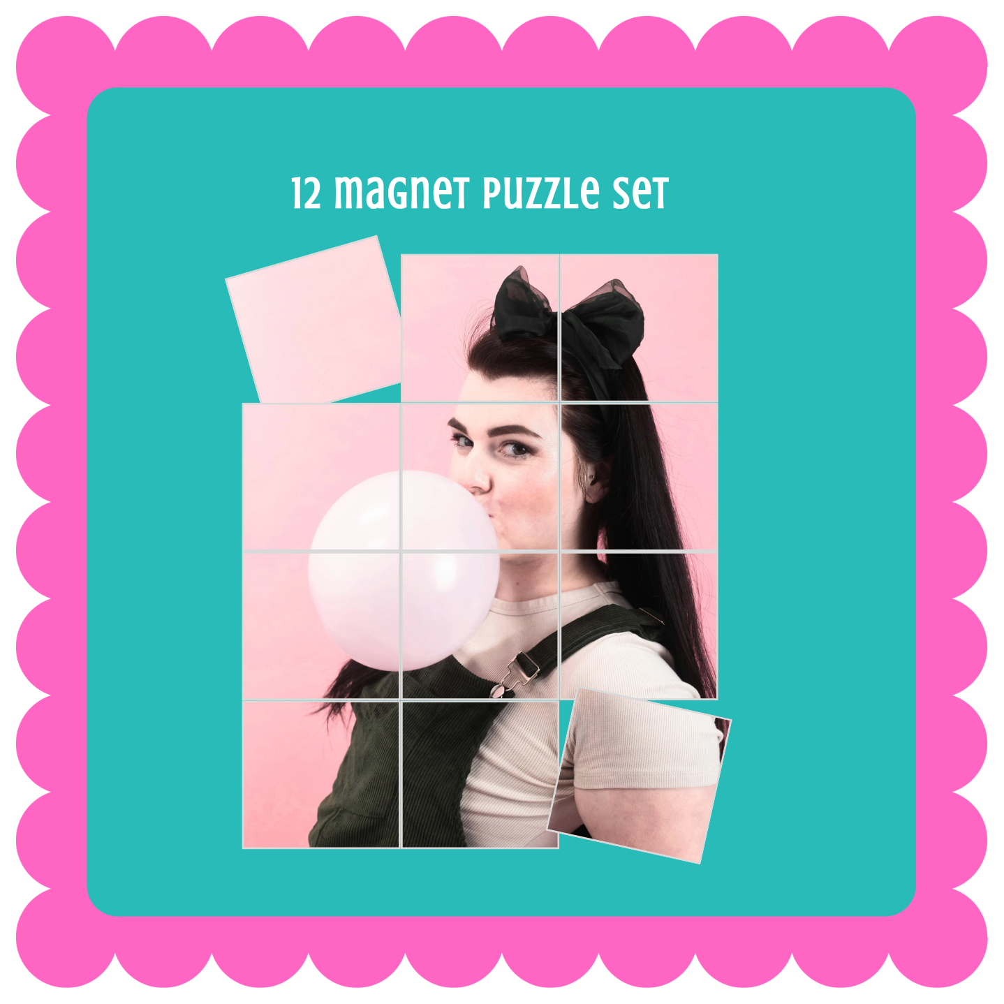 Personalized custom photo magnet puzzle set, glossy magnetic puzzle pieces for fridge, gift idea for friends or family. Magnet puzzle set packaging with a woman blowing bubble gum, pink border, and teal center.