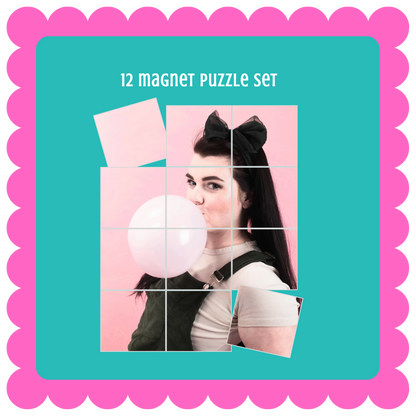 Personalized custom photo magnet puzzle set, glossy magnetic puzzle pieces for fridge, gift idea for friends or family. Magnet puzzle set packaging with a woman blowing bubble gum, pink border, and teal center.