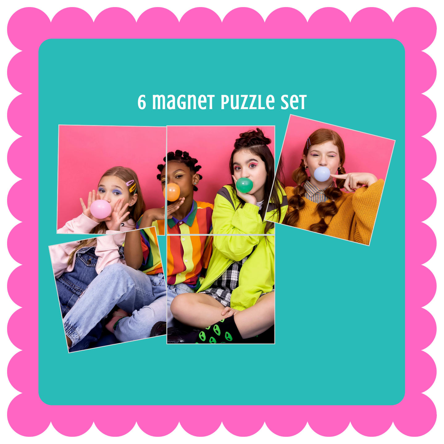 Personalized custom photo magnet puzzle set, glossy magnetic puzzle pieces for fridge, gift idea for friends or family. 6 magnet puzzle set packaging with children and bubble gum on a pink and teal background.