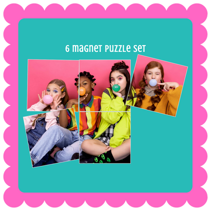 Personalized custom photo magnet puzzle set, glossy magnetic puzzle pieces for fridge, gift idea for friends or family. 6 magnet puzzle set packaging with children and bubble gum on a pink and teal background.