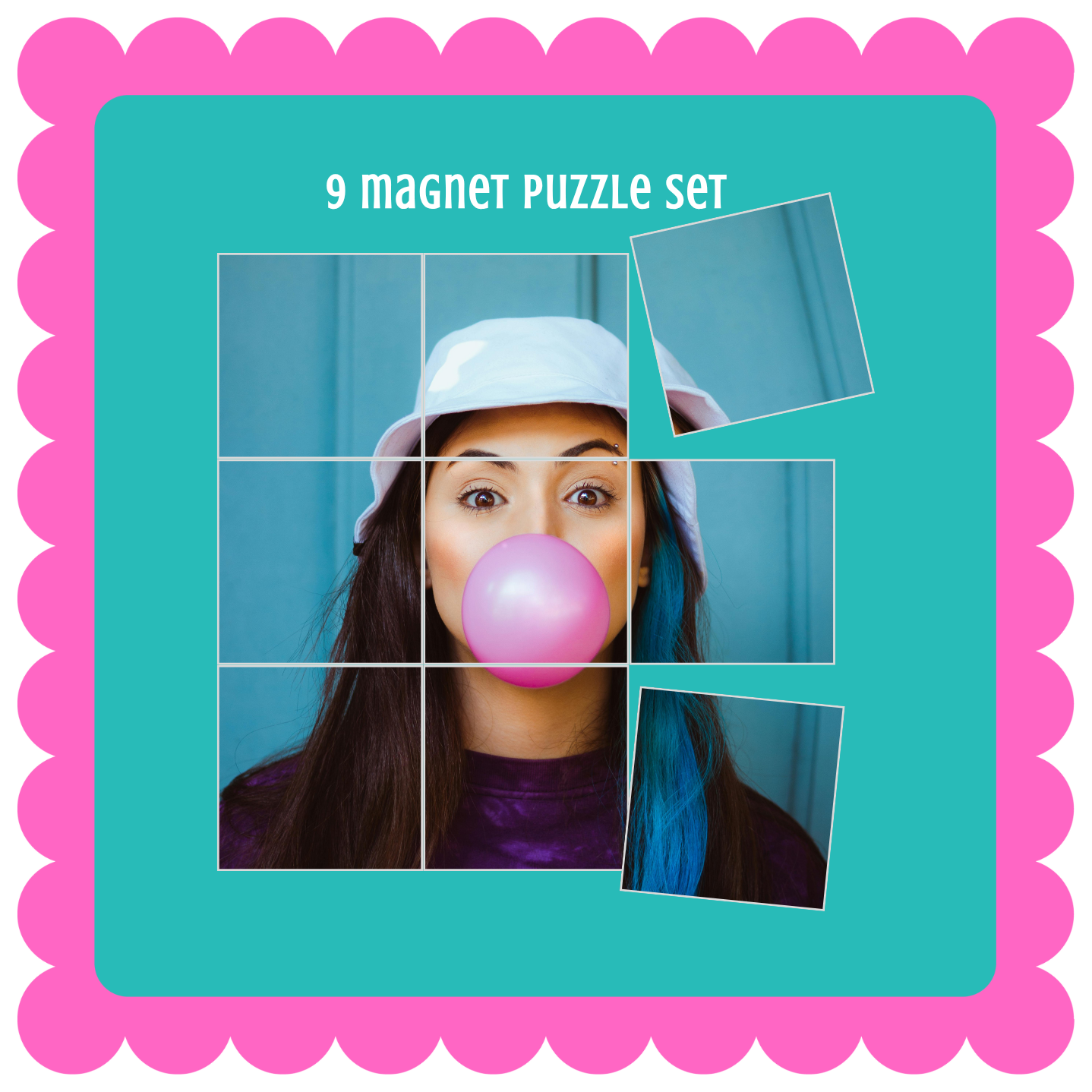 Personalized custom photo magnet puzzle set, glossy magnetic puzzle pieces for fridge, gift idea for friends or family. Magnet puzzle set packaging with a woman blowing a bubble gum bubble, pink border.