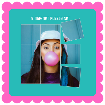 Personalized custom photo magnet puzzle set, glossy magnetic puzzle pieces for fridge, gift idea for friends or family. Magnet puzzle set packaging with a woman blowing a bubble gum bubble, pink border.