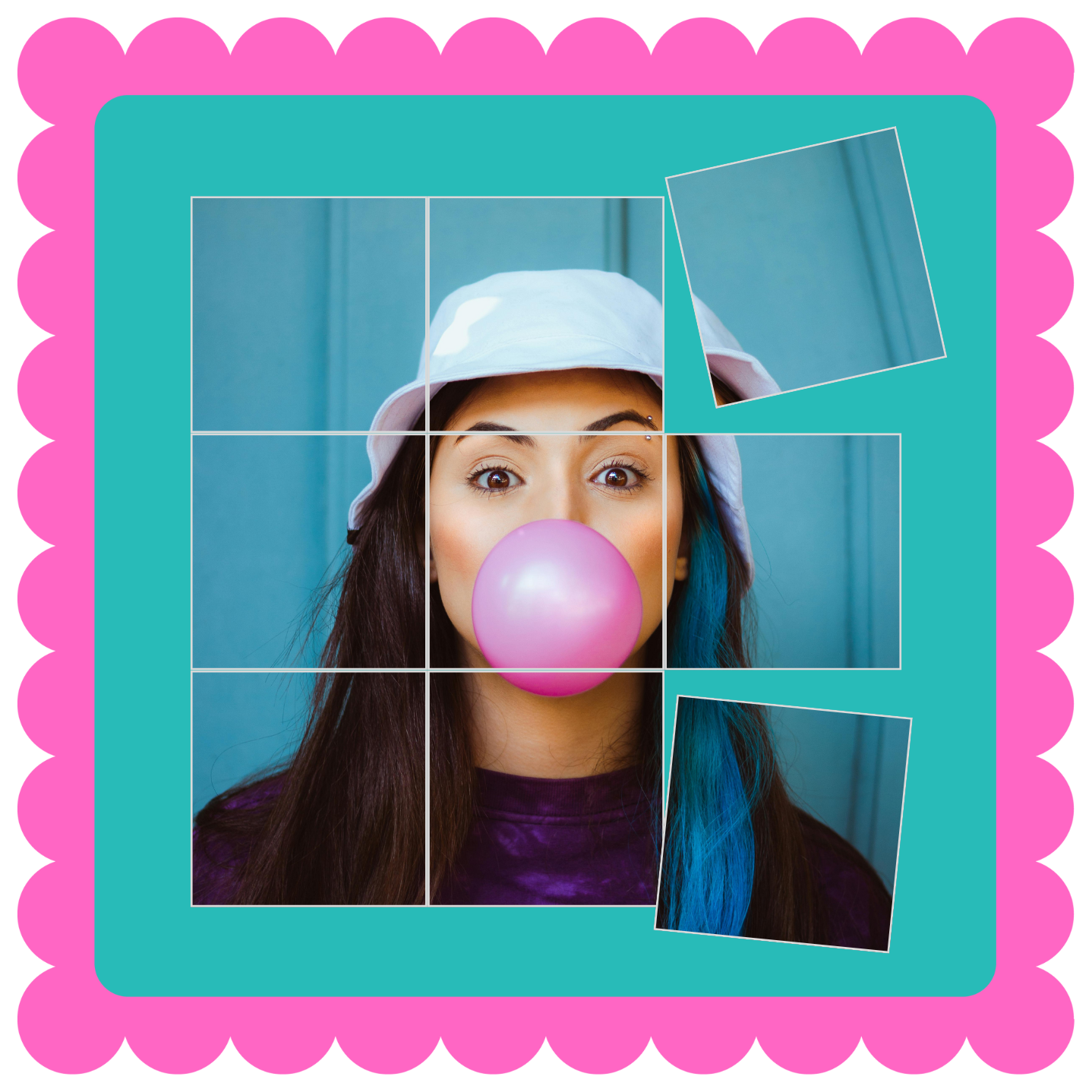 Personalized custom photo magnet puzzle set, glossy magnetic puzzle pieces for fridge, gift idea for friends or family. Person blowing a pink bubble gum bubble with a colorful border