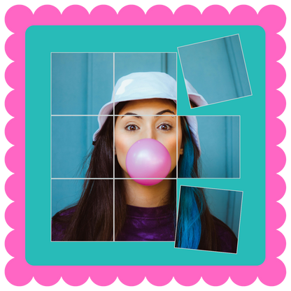 Personalized custom photo magnet puzzle set, glossy magnetic puzzle pieces for fridge, gift idea for friends or family. Person blowing a pink bubble gum bubble with a colorful border