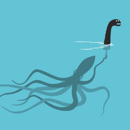 Cryptid fridge magnet with Bigfoot, alien, or Nessie design from the MYTHICAL MISFITS ReadyWhims Collection. Illustration of a Loch Ness Monster emerging from water on a blue background. Nessie Magnet, Loch Ness Magnet