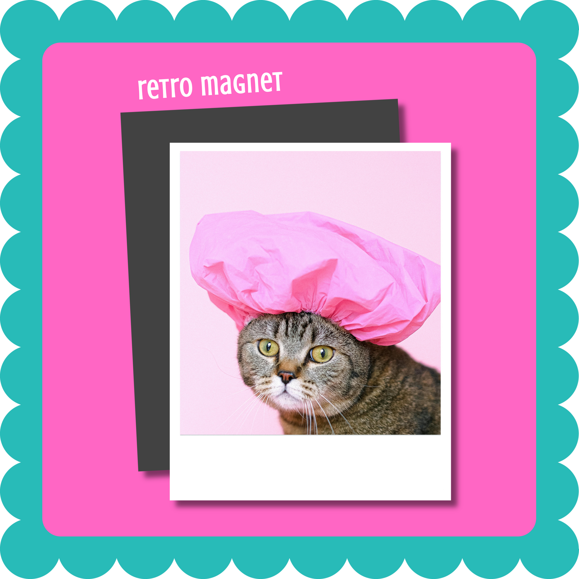 Vintage Retro Polaroid-style custom photo magnet, flexible 2mm thick personalized fridge magnet with uploaded photo. Cat wearing a pink shower cap on a retro magnet with a pink border. Cat Magnet