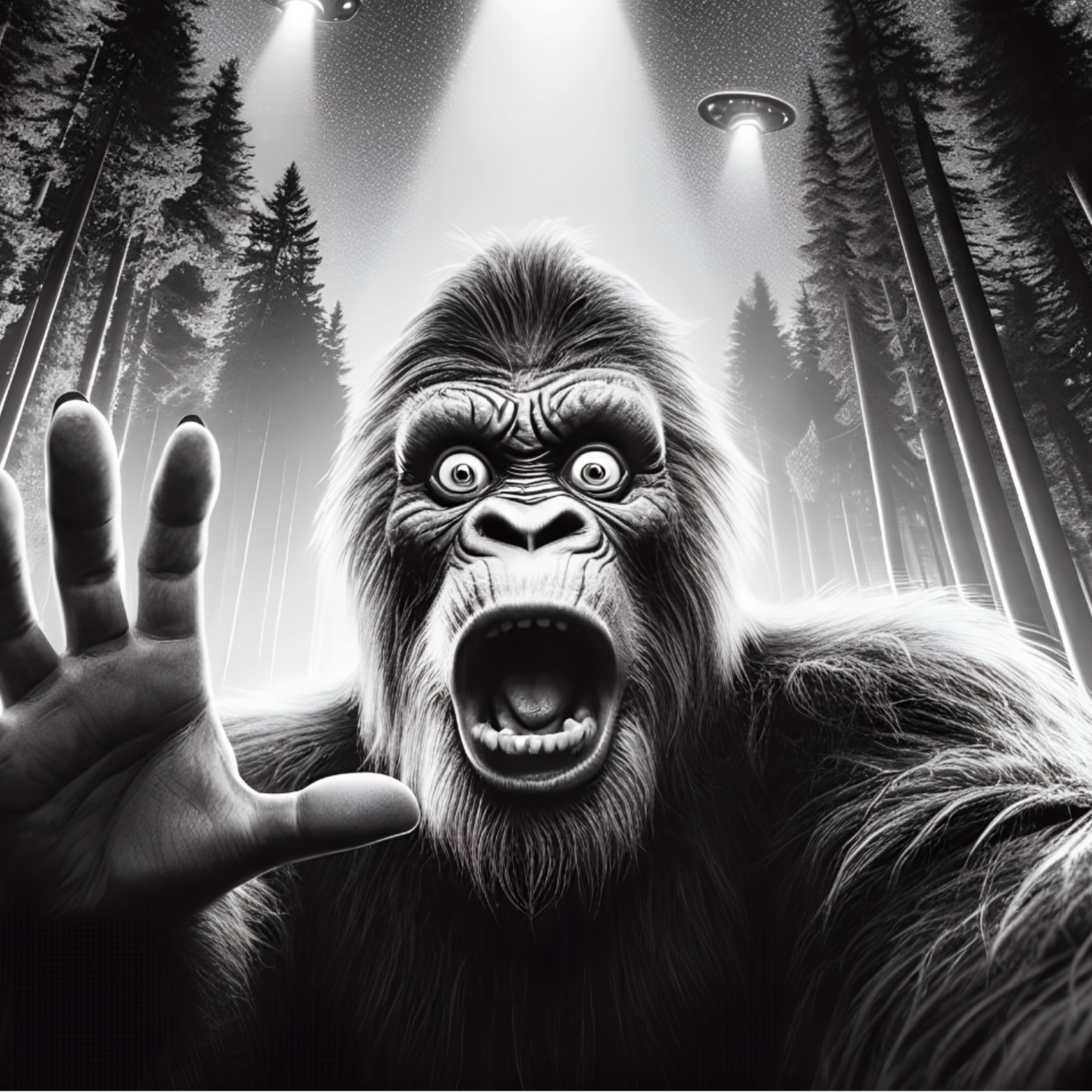 Cryptid fridge magnet with Bigfoot, alien, or Nessie design from the MYTHICAL MISFITS ReadyWhims Collection. Illustration of a Bigfoot, Sasquatch in a forest with a hand reaching out. Bigfoot Magnet, Sasquatch Magnet