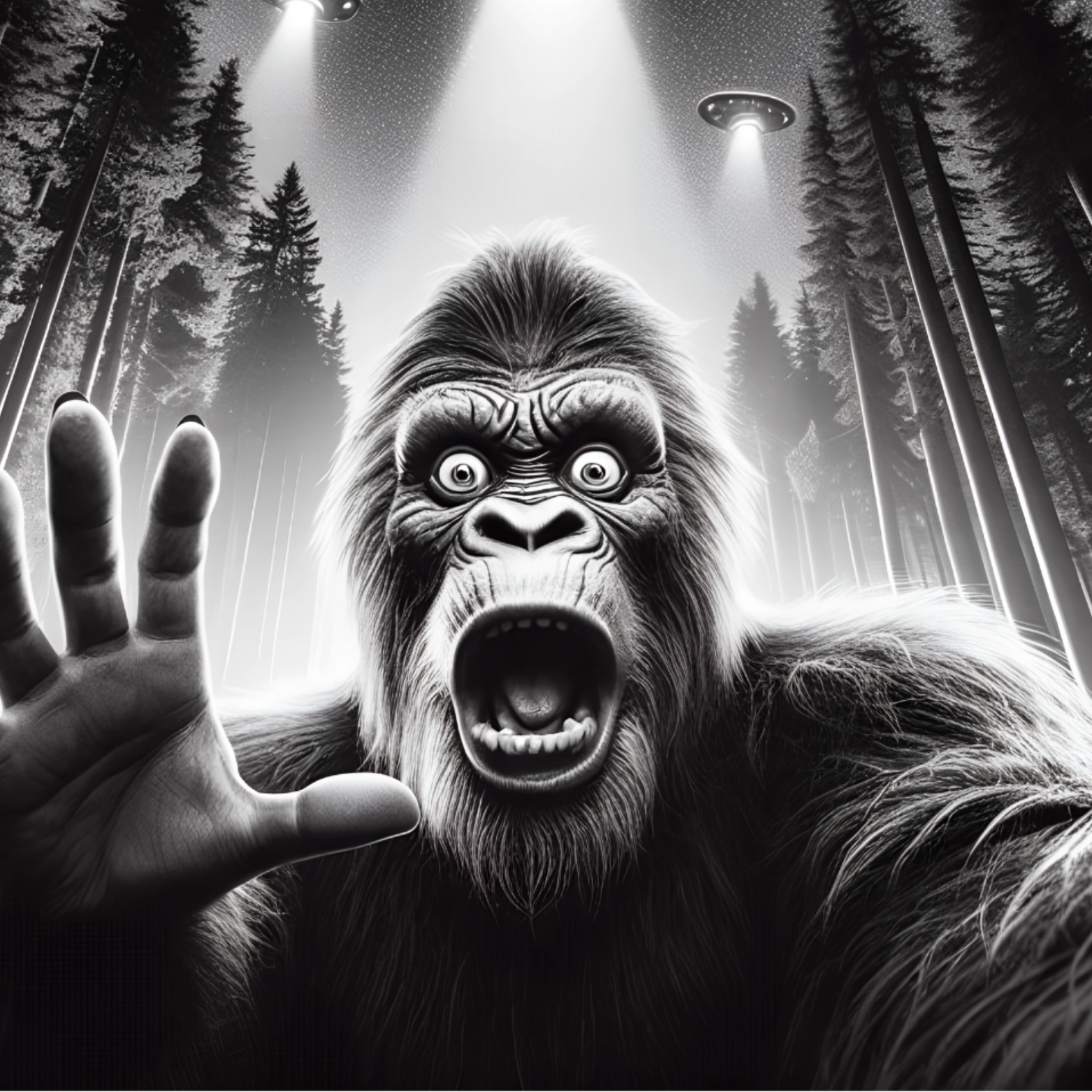 Cryptid fridge magnet with Bigfoot, alien, or Nessie design from the MYTHICAL MISFITS ReadyWhims Collection. Illustration of a Bigfoot, Sasquatch in a forest with a hand reaching out. Bigfoot Magnet, Sasquatch Magnet