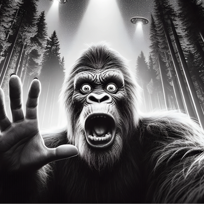 Cryptid fridge magnet with Bigfoot, alien, or Nessie design from the MYTHICAL MISFITS ReadyWhims Collection. Illustration of a Bigfoot, Sasquatch in a forest with a hand reaching out. Bigfoot Magnet, Sasquatch Magnet