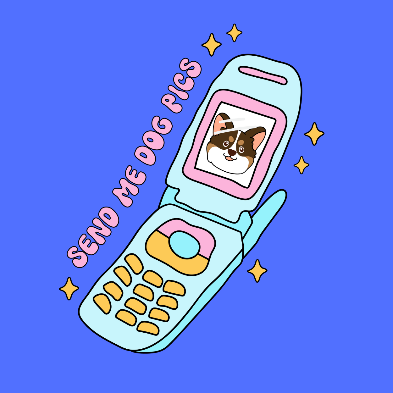 Dog or cat themed humorous novelty, funny fridge magnet. Cartoon phone with a cat photo and 'Send Me Dog Pics' text on a blue background