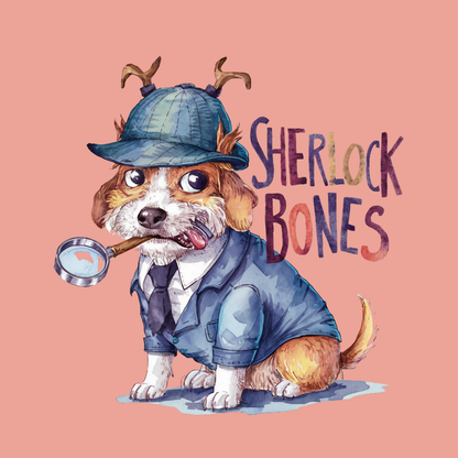 Dog or cat themed humorous novelty, funny fridge magnet. Illustration of a dog dressed as Sherlock Holmes with 'Sherlock Bones' text on a pink background. Dog Magnet