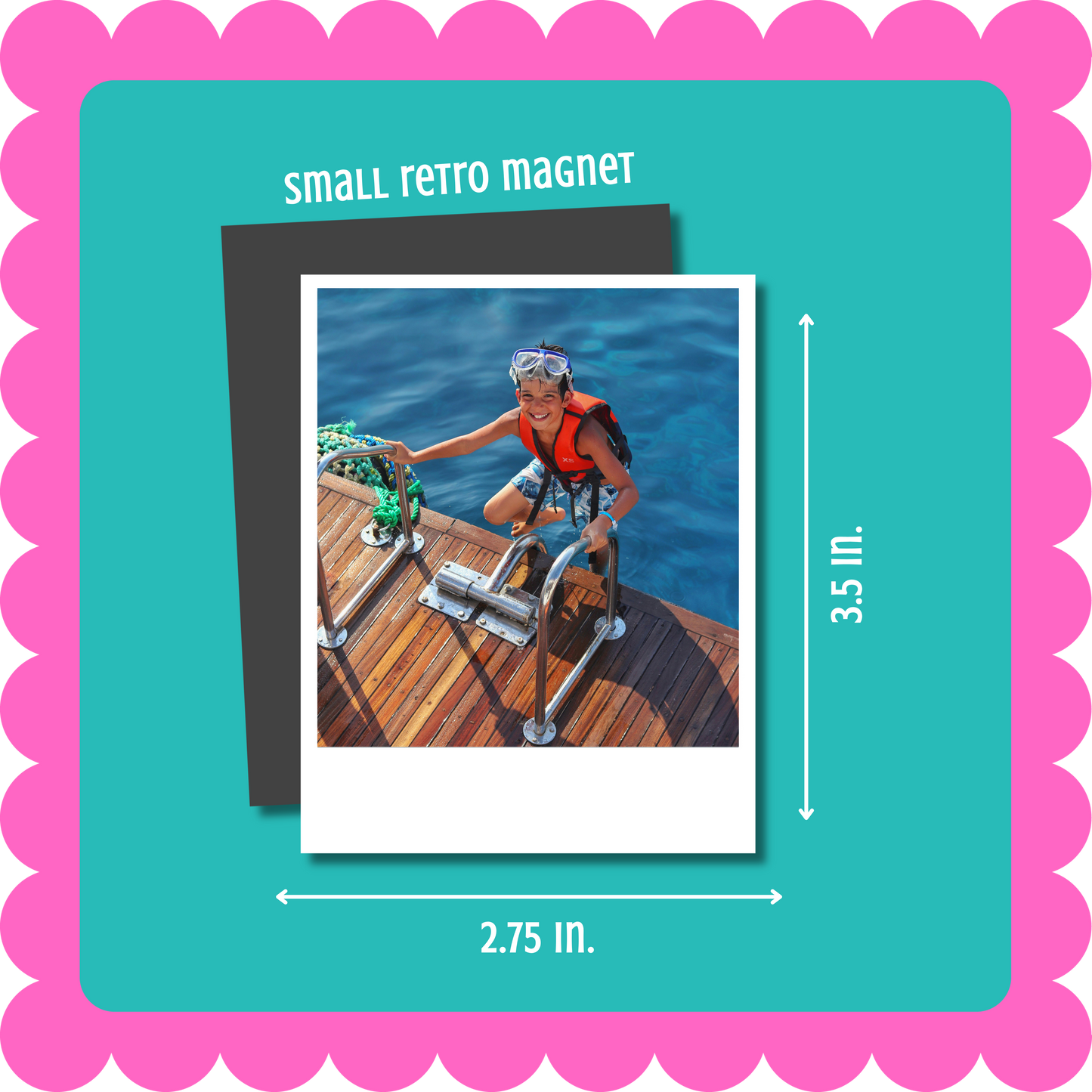 Vintage Retro Polaroid-style custom photo magnet, flexible 2mm thick personalized fridge magnet with uploaded photo. Small retro magnet with a person on a boat, displayed on a teal card with measurements.