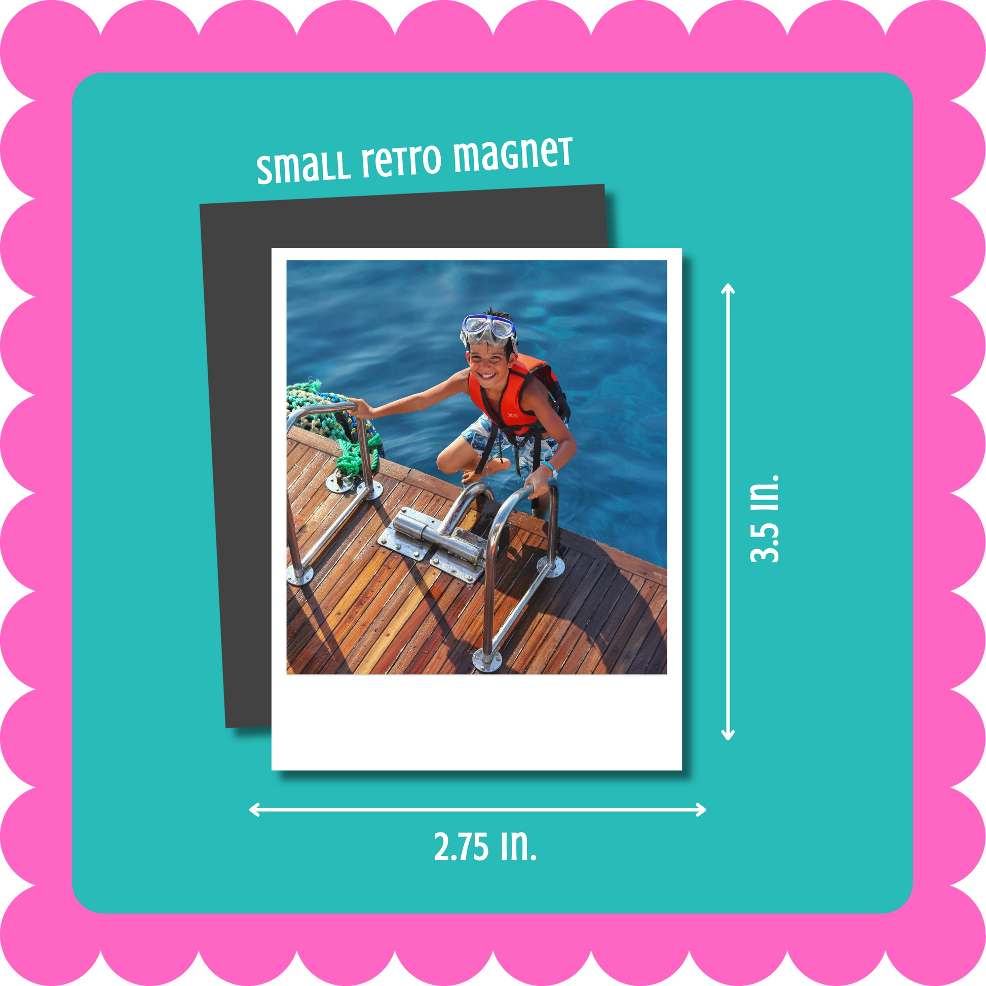 Vintage Retro Polaroid-style custom photo magnet, flexible 2mm thick personalized fridge magnet with uploaded photo. Small retro magnet with a person on a boat, displayed on a teal card with measurements.