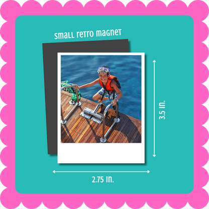 Vintage Retro Polaroid-style custom photo magnet, flexible 2mm thick personalized fridge magnet with uploaded photo. Small retro magnet with a person on a boat, displayed on a teal card with measurements.