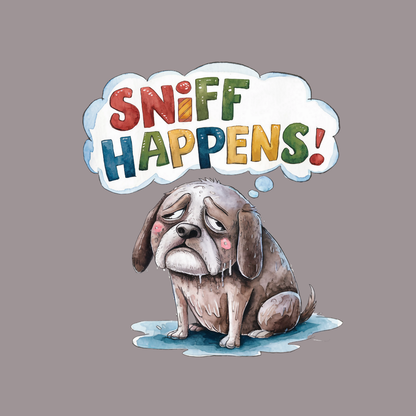 Dog or cat themed humorous novelty, funny fridge magnet. Cartoon dog with a cloud above its head containing 'SNIFF HAPPENS!' text on a gray background. Dog Magnet