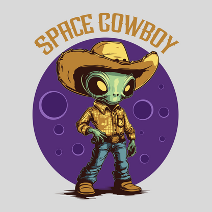 Cryptid fridge magnet with Bigfoot, alien, or Nessie design from the MYTHICAL MISFITS ReadyWhims Collection. Illustration of an alien cowboy with a 'Space Cowboy' text on a purple background. Alien Magnet