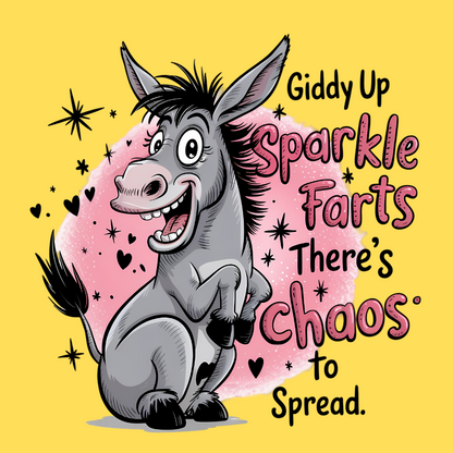 Novelty Fridge Magnet - Cartoon donkey with text 'Giddy Up Sparkle Farts There's Chaos to Spread' on a yellow background
